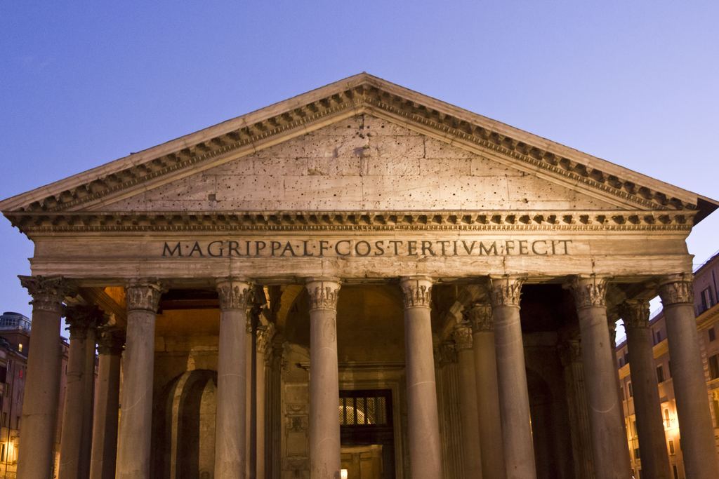 Close view of the Pantheon's pediment and the carved inscription running the width of the entablature