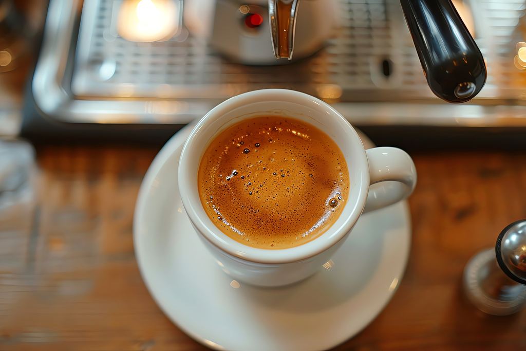 A white cup of espresso with an even crema on the bar counter, the machine and portafilter behind it