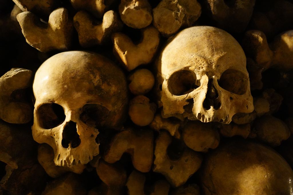 Two human skulls resting on a pile of bones in an underground ossuary, lit warm against a dark background
