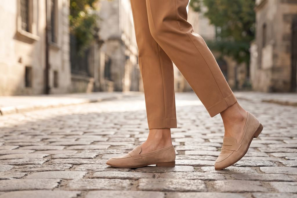 A person walking across the uneven basalt paving of an Italian street in flat suede loafers