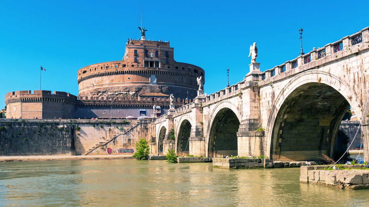 Castel Sant'Angelo from the Tiber bank, the drum of Hadrian's mausoleum still visible in it