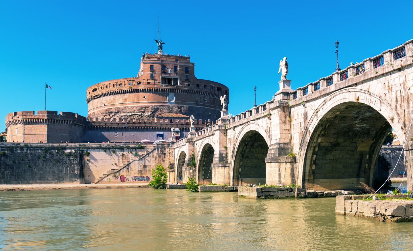 Castel Sant'Angelo from the Tiber bank, the drum of Hadrian's mausoleum still visible in it
