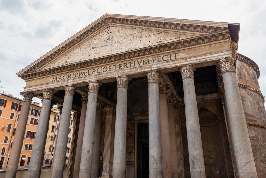 The front of the Pantheon in Rome with the inscription M AGRIPPA L F COS TERTIVM FECIT across the entablature