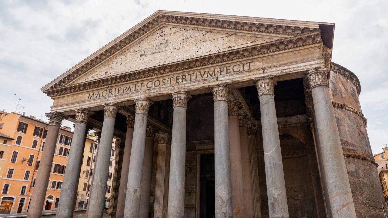 The front of the Pantheon in Rome with the inscription M AGRIPPA L F COS TERTIVM FECIT across the entablature