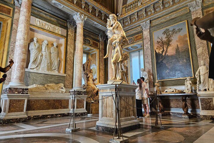 Pause before Bernini’s breathtaking marble sculpture, which magnificently captures the dramatic moment Daphne becomes a laurel tree.