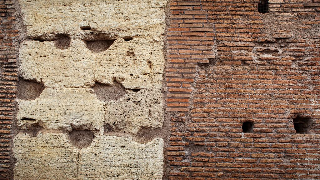 A Roman wall in close-up showing the concrete core and its facing of thin bricks