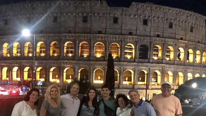 The ancient Rome at Twilight walking tour ends in front of the colosseum