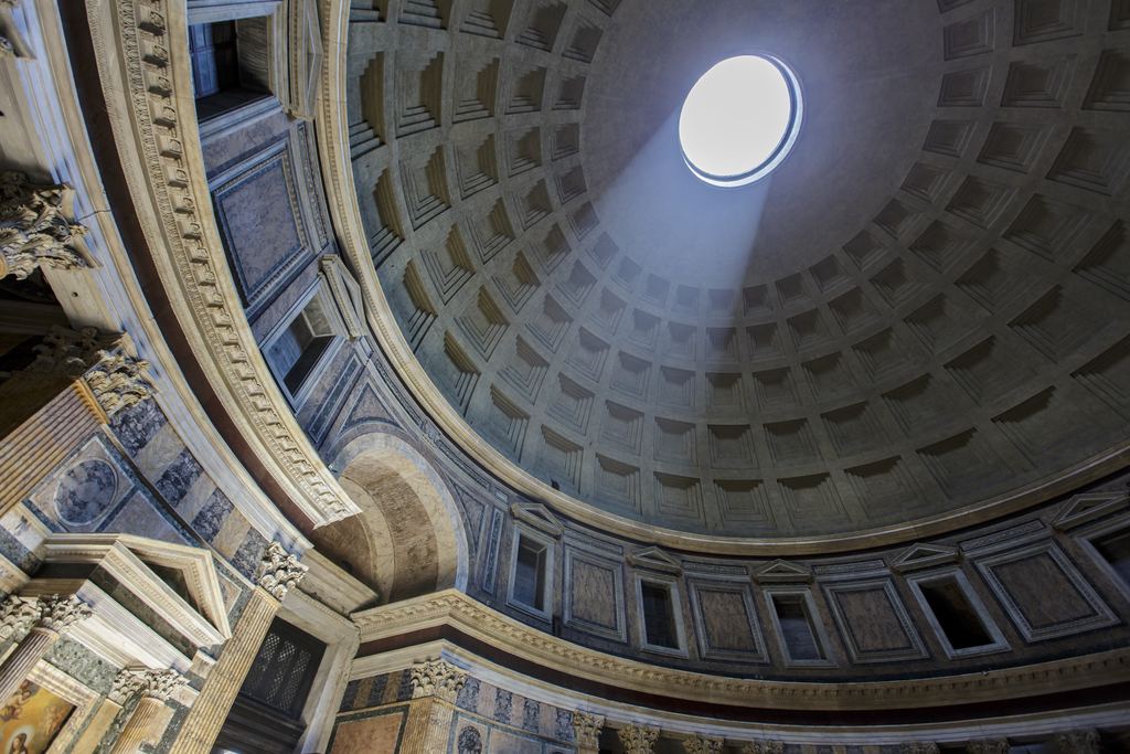 The nine-metre oculus of the Pantheon in Rome seen from the floor, with the five rings of coffers around it