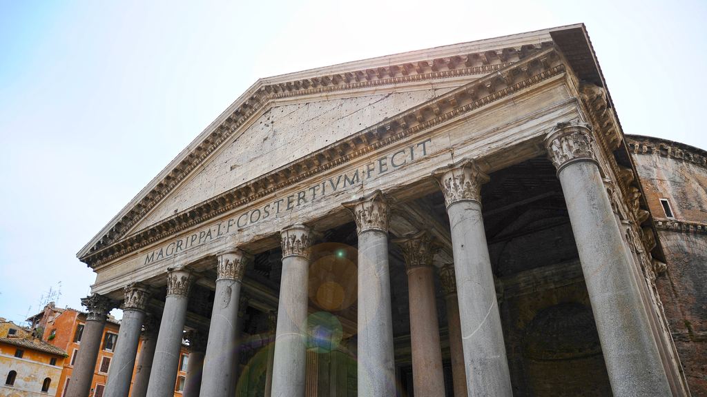 The Pantheon's granite columns and Corinthian capitals seen in perspective from below