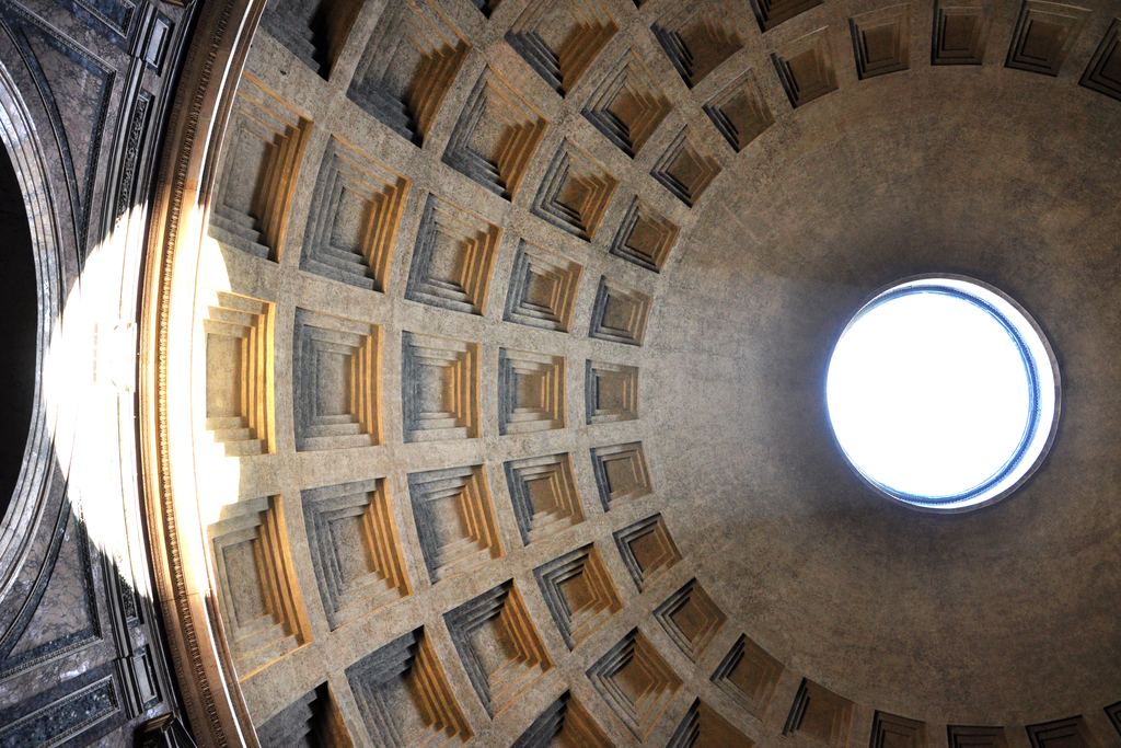 The interior of the Pantheon in Rome where the cylindrical drum meets the springing of the dome, with the attic storey between them